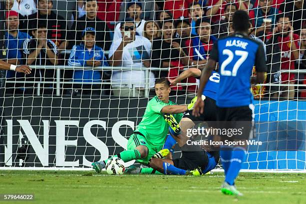 San Jose Earthquakes goalkeeper David Bingham crashes with his teammates as he watches the ball cross in front of goal, during the International...