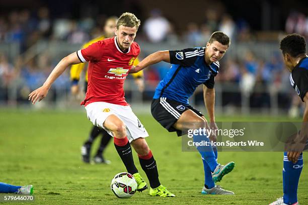 Manchester United forward James Wilson drives to goal, during the International Champions Cup soccer game between the San Jose Earthquakes and...