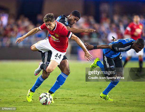 Manchester United midfielder Andreas Pereira crashes into San Jose Earthquakes midfielder Khari Stephenson , during the International Champions Cup...