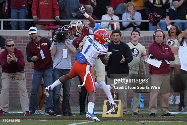 Florida State Seminoles wide receiver Rashad Greene is hit by Florida Gators defensive back Vernon Hargreaves III as he catches a pass during the...