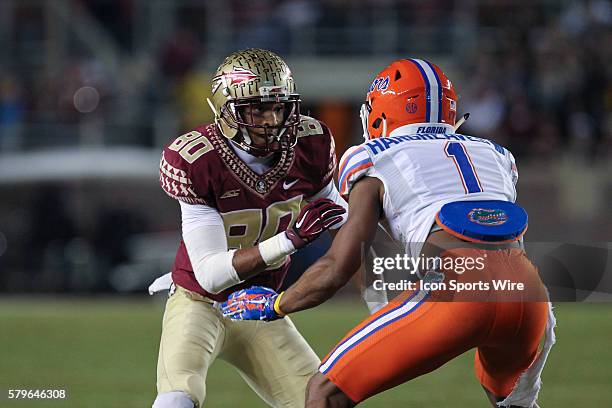 Florida State Seminoles wide receiver Rashad Greene is covered by Florida Gators defensive back Vernon Hargreaves III during the NCAA Football game...