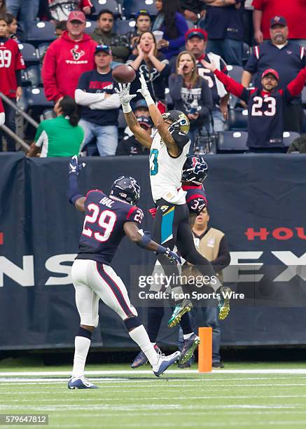 Jacksonville Jaguars wide receiver Rashad Greene tries to catch a pass during the NFL game between the Jacksonville Jaguars and Houston Texans at NRG...