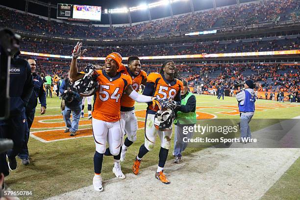 Denver Broncos inside linebacker Brandon Marshall , outside linebacker Corey Nelson and inside linebacker Danny Trevathan celebrate the Denver...