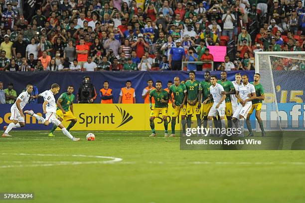 United States Defender Fabian Johnson takes a free kick during the CONCACAF Gold Cup semifinal match between the United States and Jamaica at the...
