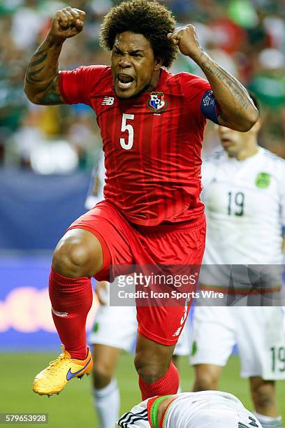 Panama Defender Roman Torres turns to celebrate his goal during the CONCACAF Gold Cup Semi-final between the Mexico National Team and Panama at the...
