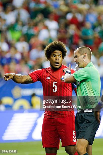Panama Defender Roman Torres argues with the referee during the CONCACAF Gold Cup Semi-final between the Mexico National Team and Panama at the...