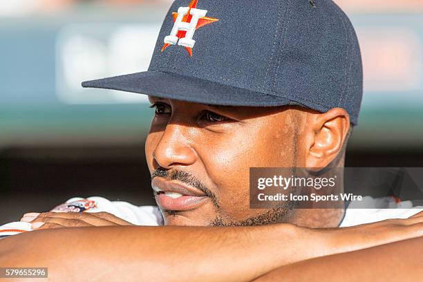 Houston Astros left fielder L.J. Hoes in the dugout before the baseball game between the Houston Astros and the Boston Red Sox. Houston Astros...