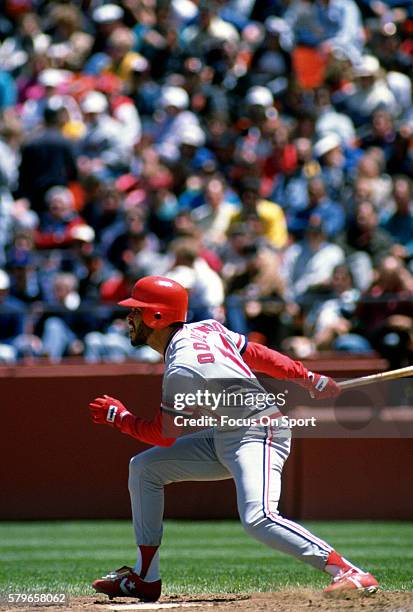 Jose Oquendo of the St. Louis Cardinals bat against the San Francisco Giants during an Major League Baseball game circa 1988 at Candlestick Park in...