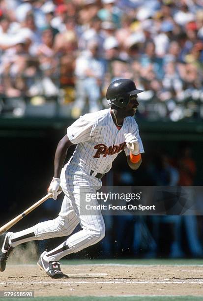 Marvell Wynne of the San Diego Padres bats during an Major League Baseball game circa 1986 at Jack Murphy Stadium in San Diego, California. Wynny...