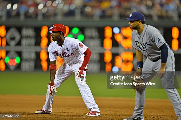 Philadelphia Phillies right fielder Domonic Brown ready for the sprint to second during the MLB game between the Tampa Bay Rays and the Philadelphia...