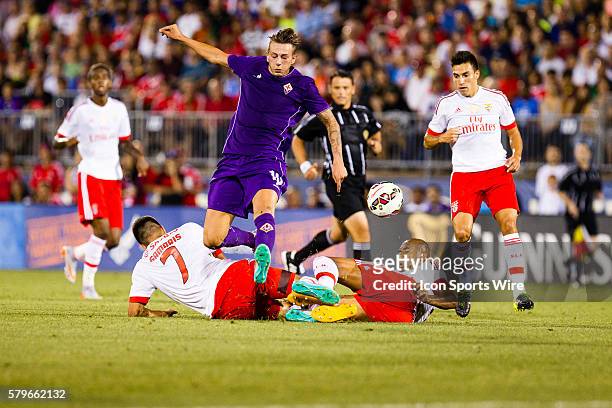 Benfica Andreas Samaris and Luis??o double team Fiorentina forward Federico Bernardeschi the first half of the International Champions Cup featuring...