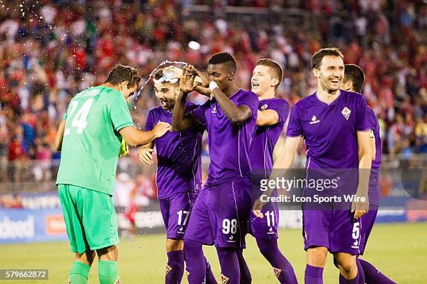 Fiorentina team comes to congratulate goalkeeper Luca Lezzerini after winning the International Champions Cup featuring SL Benfica versus Fiorentina...