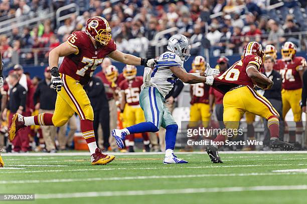 While Dallas Cowboys Linebacker Anthony Hitchens [12329] is chasing Washington Redskins Running Back Alfred Morris [18023], holding goes uncalled on...