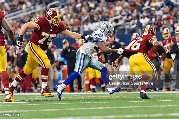 While Dallas Cowboys Linebacker Anthony Hitchens [12329] is chasing Washington Redskins Running Back Alfred Morris [18023], holding goes uncalled on...