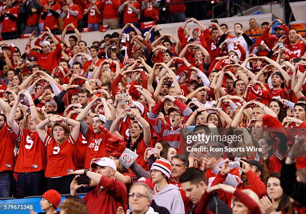 Buckeye fans show their spirit during the Big Ten Championship Game between the University of Wisconsin Badgers and the Ohio State Buckeyes at Lucas...