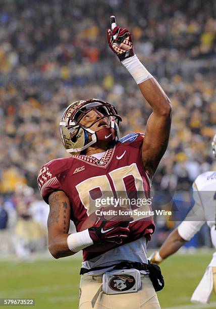 Florida State Seminoles wide receiver Rashad Greene celebrates after scoring a touchdown during the ACC Championship game at Bank of America in...