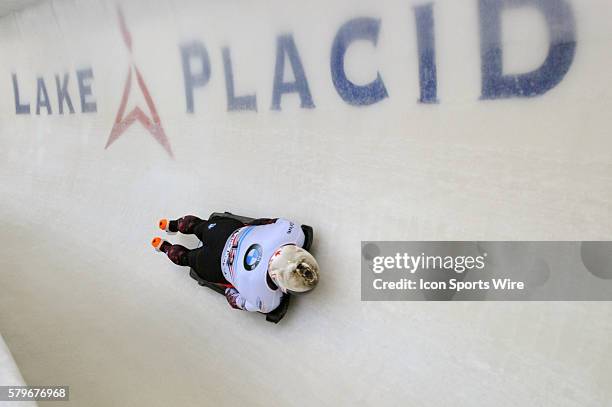 Barrett Martineau of Canada on the track at the Mt. Van Hoevenberg Olympic Sports Complex in Lake Placid, NY in the Men's Skeleton World Cup.