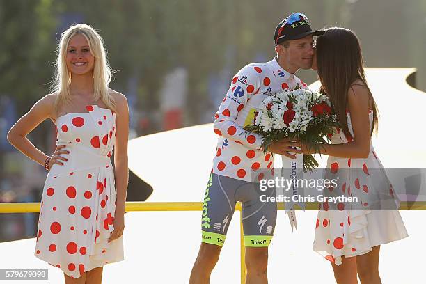 Rafal Majka of Poland and Tinkoff is awarded the Polka-dot jersey following stage twenty one of the 2016 Le Tour de France, from Chantilly to Paris...