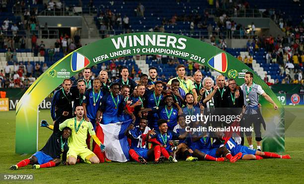 Players of France celebrate after winning the Final during the UEFA Under19 European Championship Final match between U19 France and U19 Italy at...