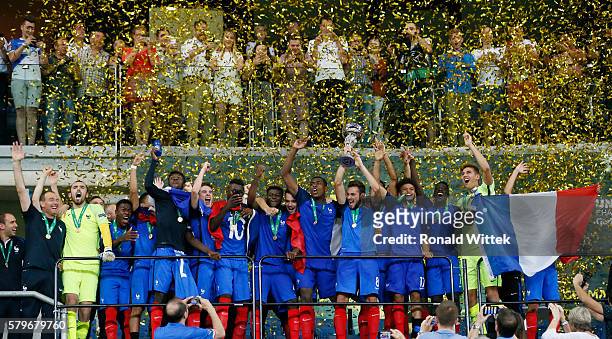 Players of France celebrate after winning the Final during the UEFA Under19 European Championship Final match between U19 France and U19 Italy at...