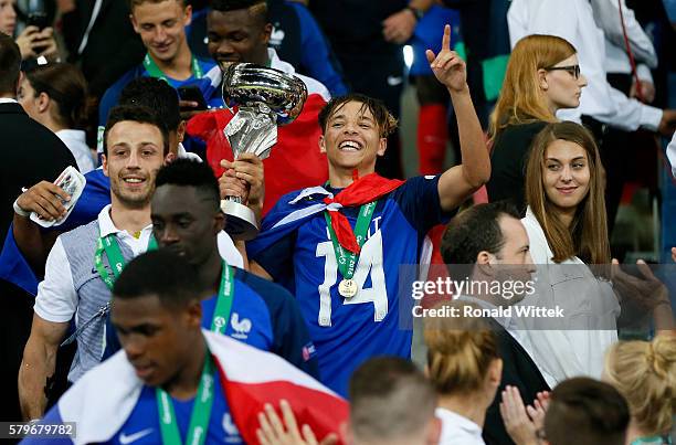 Players of France celebrate after winning the Final during the UEFA Under19 European Championship Final match between U19 France and U19 Italy at...