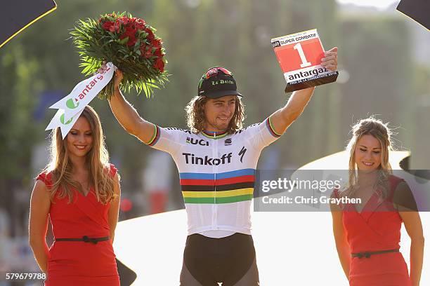 Peter Sagan of Slovakia and Tinkoff celebrates as he is awarded the Green Jersey following stage twenty one of the 2016 Le Tour de France, from...