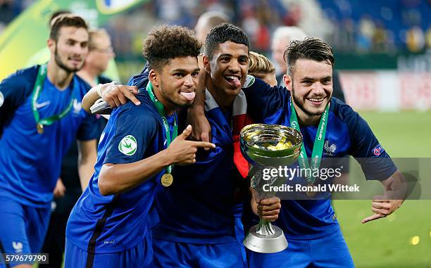 Players of France celebrate after winning the Final during the UEFA Under19 European Championship Final match between U19 France and U19 Italy at...