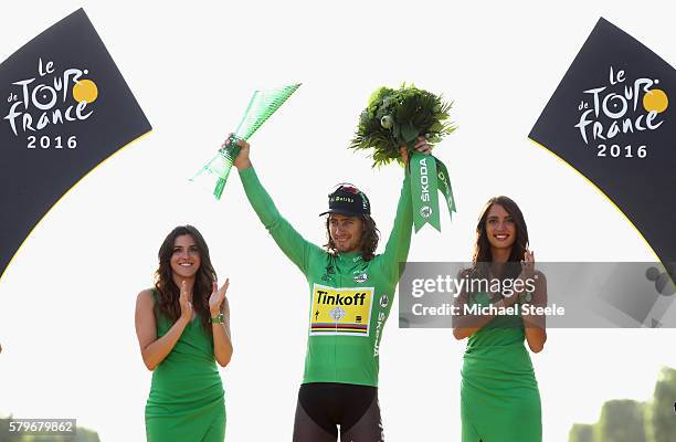 Peter Sagan of Slovakia and Tinkoff celebrates as he is awarded the Green Jersey following stage twenty one of the 2016 Le Tour de France, from...