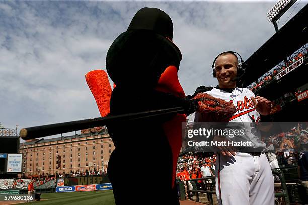 Nolan Reimold of the Baltimore Orioles celebrates with the Oriole Bird mascot after hitting a two run walk-off home run in the ninth inning to defeat...