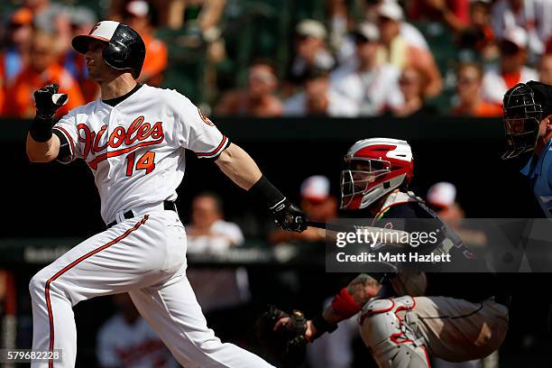 Nolan Reimold of the Baltimore Orioles hits a two run walk-off home run in the ninth inning to defeat the Cleveland Indians 5-3 at Oriole Park at...