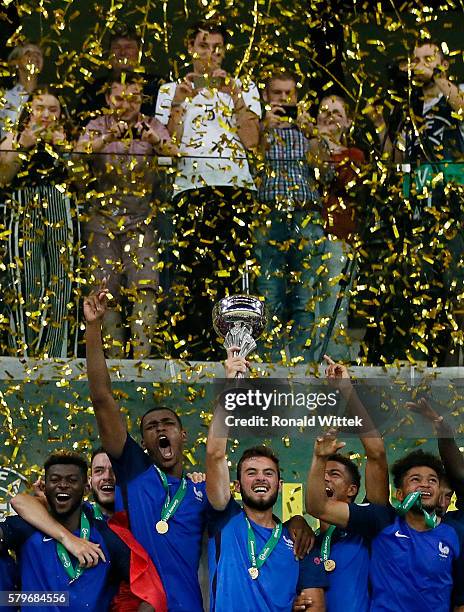 Players of France celebrate after winning the Final during the UEFA Under19 European Championship Final match between U19 France and U19 Italy at...