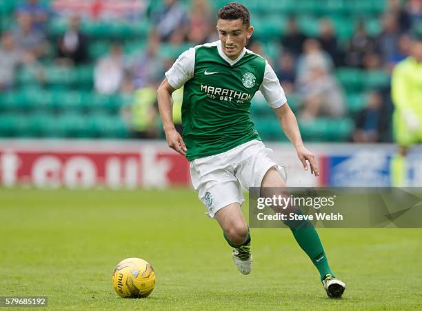 Alex Harrison in action for Hibernian during the Pre-Season Friendly between Hibernian and Birmingham City at Easter Road on July 24, 2016 in...