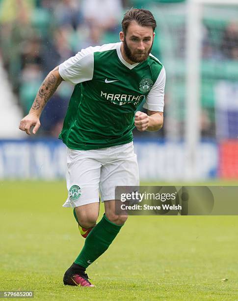 James Keatings in action for Hibernian during the Pre-Season Friendly between Hibernian and Birmingham City at Easter Road on July 24, 2016 in...