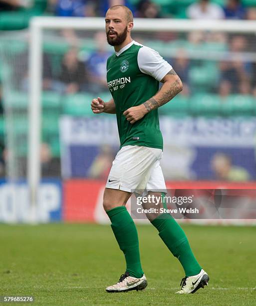 Jordan Forster in action for Hibernian during the Pre-Season Friendly between Hibernian and Birmingham City at Easter Road on July 24, 2016 in...