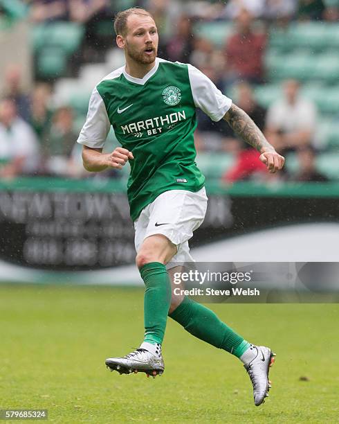 Martin Boyle in action for Hibernian during the Pre-Season Friendly between Hibernian and Birmingham City at Easter Road on July 24, 2016 in...