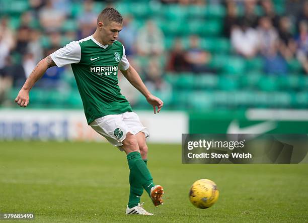 Scott Martin in action for Hibernian during the Pre-Season Friendly between Hibernian and Birmingham City at Easter Road on July 24, 2016 in...