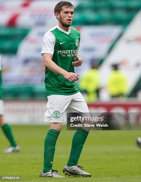 Sam Stanton in action for Hibernian during the Pre-Season Friendly between Hibernian and Birmingham City at Easter Road on July 24, 2016 in...