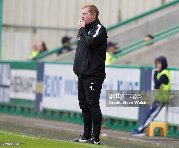 Neil Lennon Manager of Hibernian during the Pre-Season Friendly between Hibernian and Birmingham City at Easter Road on July 24, 2016 in Edinburgh,...