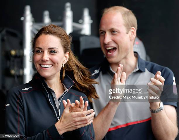 Catherine, Duchess of Cambridge and Prince William, Duke of Cambridge attend the prize giving presentation at the America's Cup World Series on July...