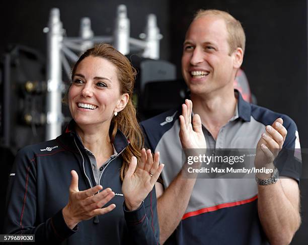 Catherine, Duchess of Cambridge and Prince William, Duke of Cambridge attend the prize giving presentation at the America's Cup World Series on July...