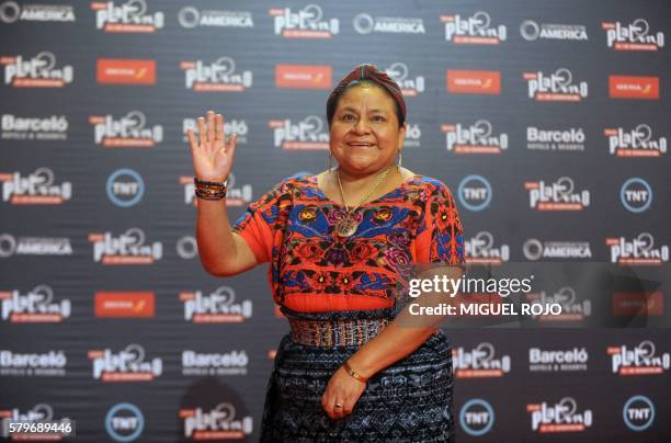 Guatemalan 1992 Nobel Peace Prize laureate Rigoberta Menchu waves as she arrives for the Platino Ibero-American Film Awards in Punta del Este,...