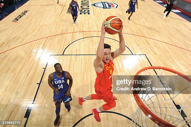 Ding Yanyuhang of China dunks against USA Basketball Men's National Team at the Staples Center in Los Angeles, California. NOTE TO USER: User...