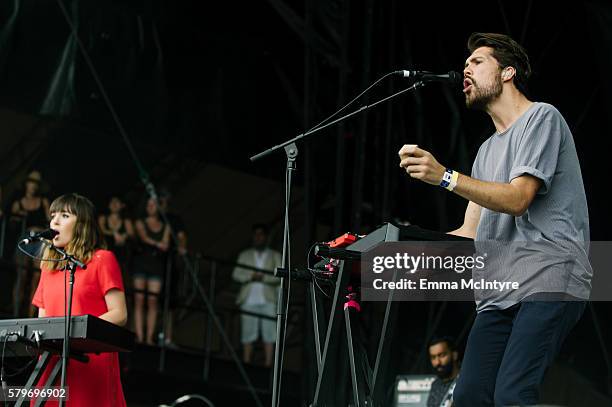 Musicians Josephine Vander Gucht and Anthony West of 'Oh Wonder' perform onstage at the 2016 WayHome Music and Arts Festival on July 24, 2016 in...