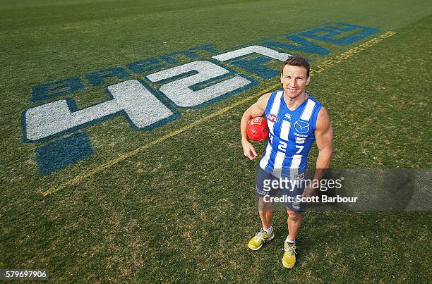 Brent Harvey of the Kangaroos poses during a North Melbourne Kangaroos AFL training session at Arden Street Ground on July 25, 2016 in Melbourne,...