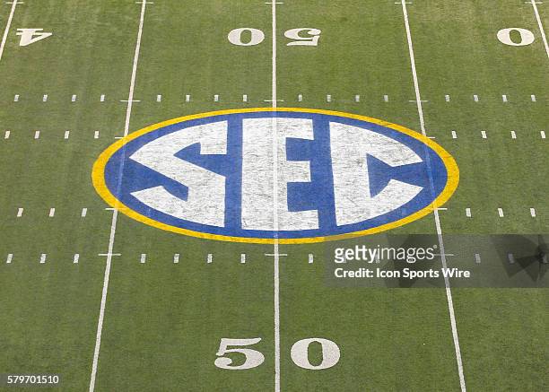 The SEC logo painted on the field at the 50 yard line in the Alabama Crimson Tide 42-13 victory over the Missouri Tigers in the SEC Championship at...