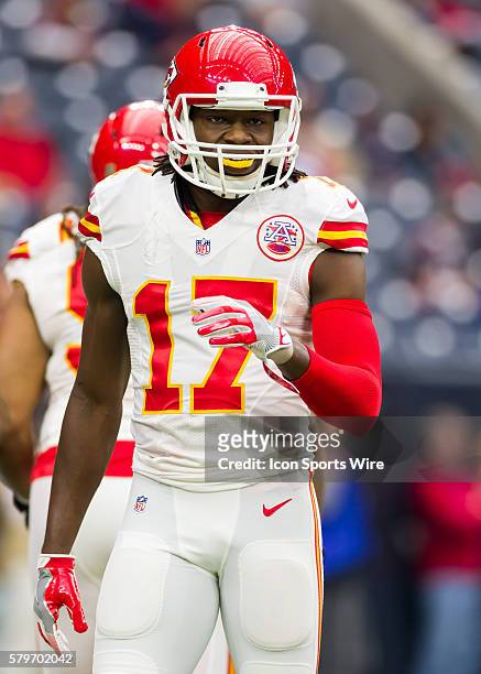 Kansas City Chiefs wide receiver Chris Conley warms up during the NFL Wild Card game between the Kansas City Chiefs and Houston Texans at NRG Stadium...