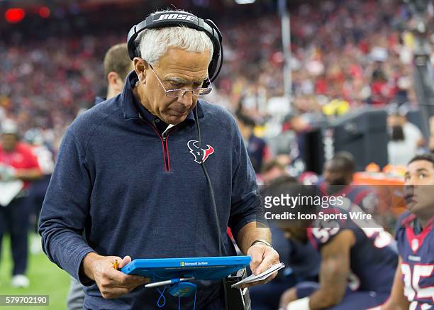 Houston Texans Defensive Line coach Paul Pasqualoni during the NFL Wild Card game between the Kansas City Chiefs and Houston Texans at NRG Stadium in...