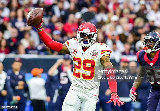 Kansas City Chiefs defensive back Eric Berry celebrates a first half interception during the Chiefs at Texans Wild Card playoff game at NRG Stadium,...