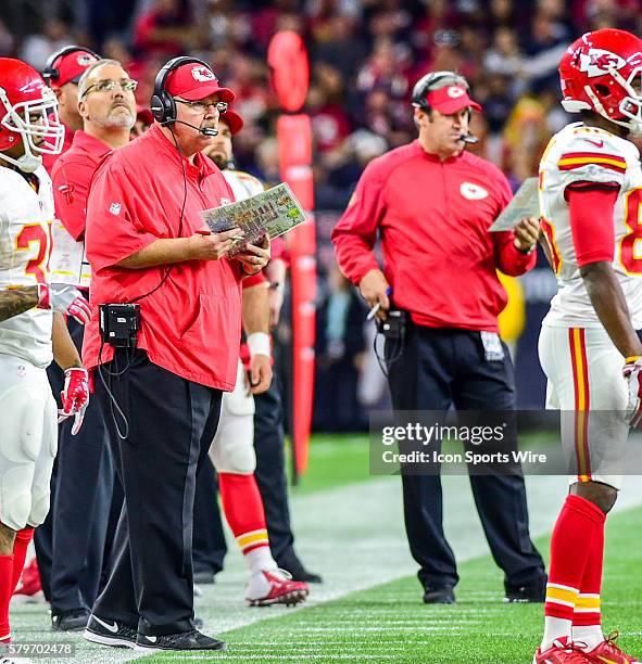 Kansas City Chiefs head coach Andy Reid looks on during second half action during the Chiefs at Texans Wild Card playoff game at NRG Stadium,...