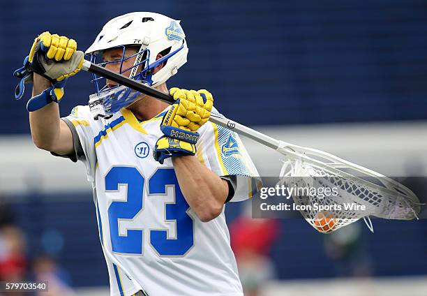 Florida Launch goalie Brett Queener in action during an MLL lacrosse match between the Florida Launch and the Chesapeake Bayhawks at Navy-Marine...